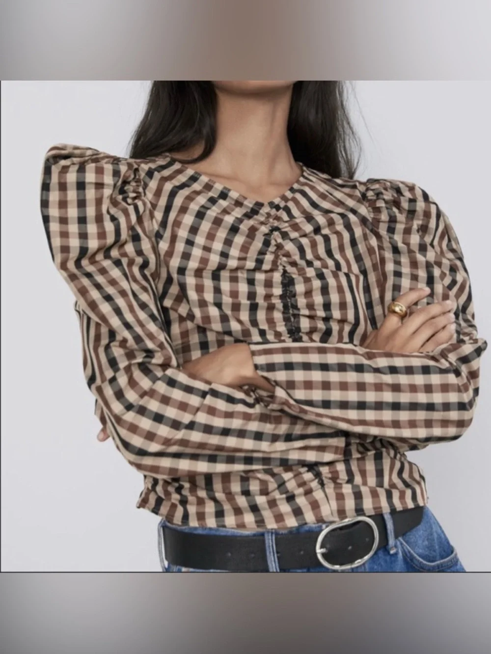 Zara Checked Puff-Sleeve V-Neck Blouse in Brown